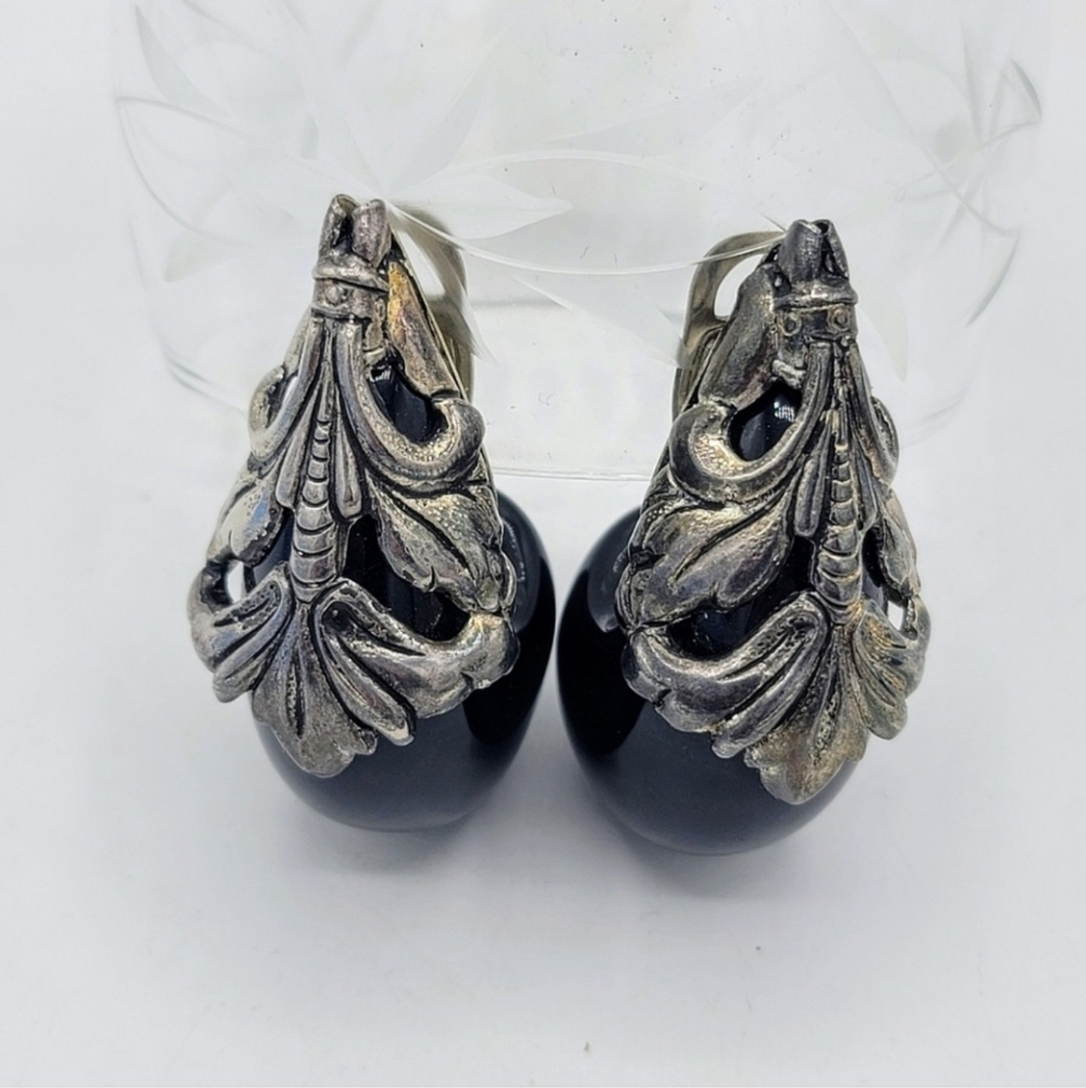 Isabel Canovas Earrings Mask Clip On Black Lucite Silver Tone Drop 80s Vintage